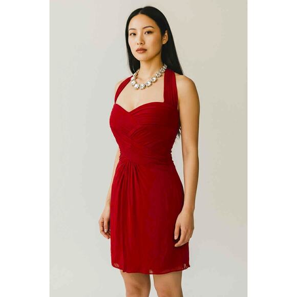 Tadashi Shoji Red Chiffon 100% Silk Ruched Halter Dress Cocktail Evening Dress 8 - Picture 1 of 5